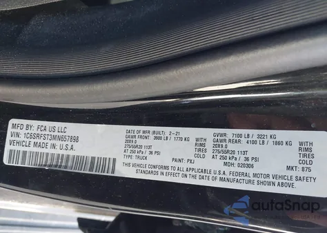 2021 Ram 1500 Limited Longhorn 4X4 6'4 Box z USA, uszkodzony, nr VIN 1C6SRFST3MN657898